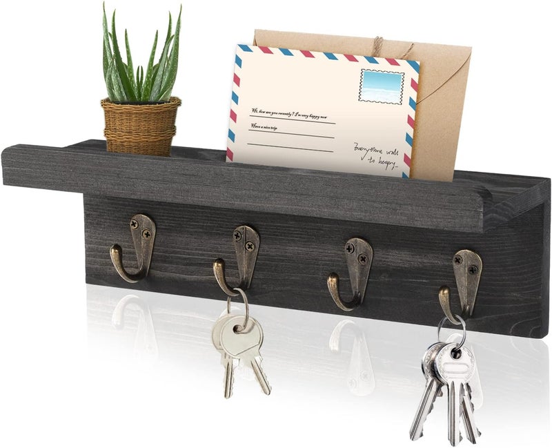 HRONRAD Rustic Key Holder for Wall, Farmhouse Wall Shelf with 4 Hooks, Wall Mounted Key Racks, Wooden Mail Organizer with Hooks for Entryway (Black - Pine) - Image 1